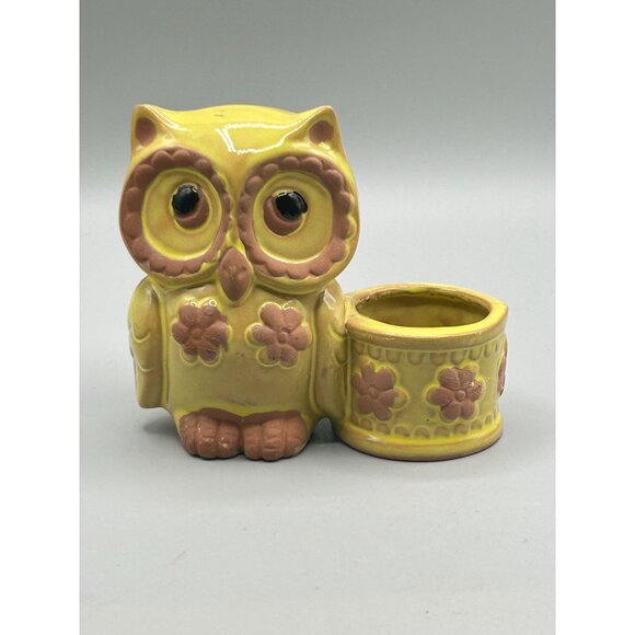 Vintage Small Owl Planter Yellow Glaze Red Clay Pottery Bird Kitsch Home Decor - Picture 2 of 9